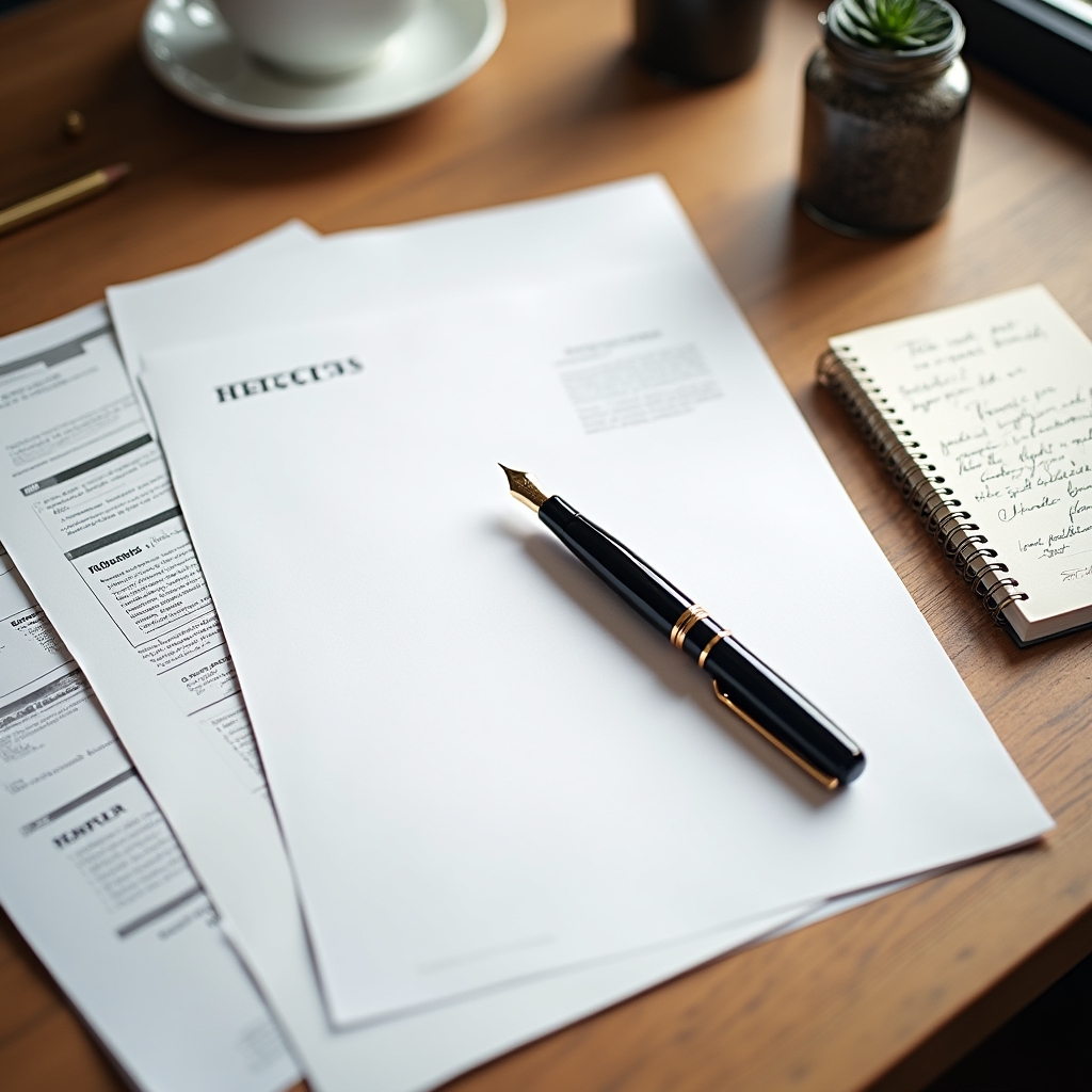 Professional writing framework notes spread on a modern desk with natural light
