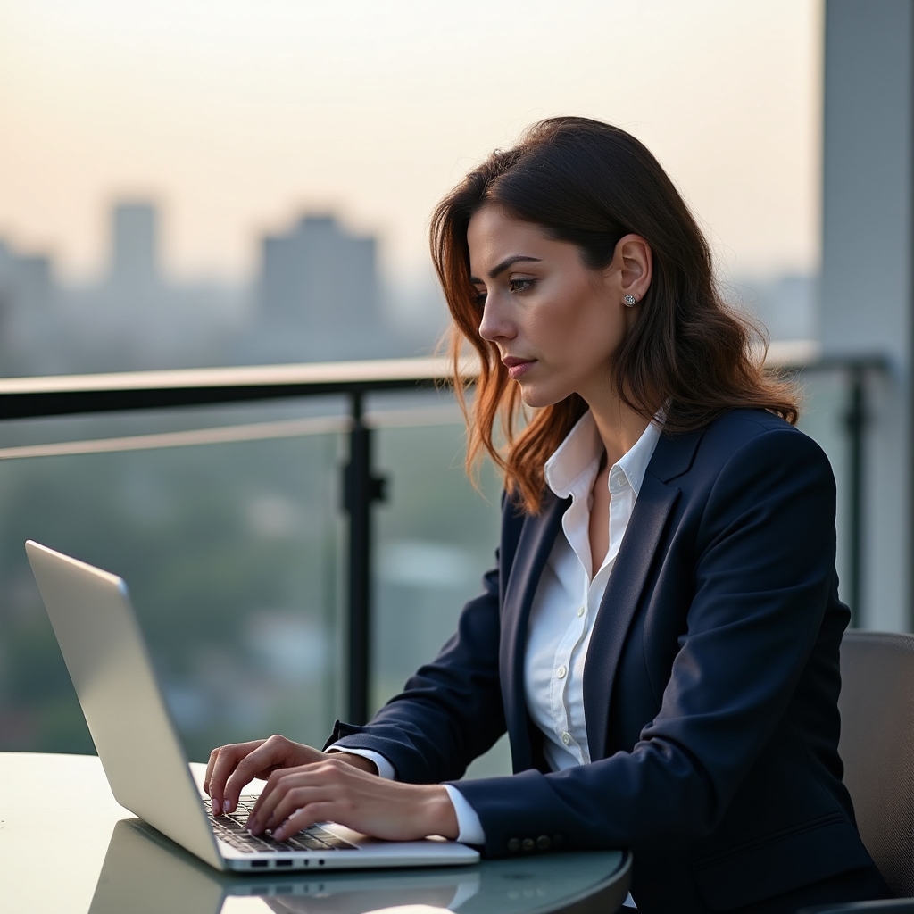 Romanian professional working on LinkedIn profile at a rooftop workspace