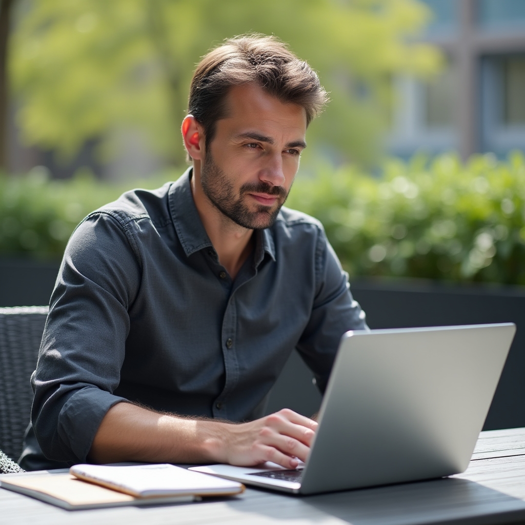 Professional participating in a weekly live online session from an outdoor workspace