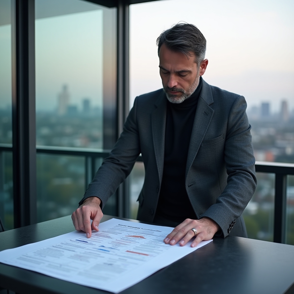 Professional reviewing a visibility strategy document on a rooftop workspace with Bucharest cityscape in background