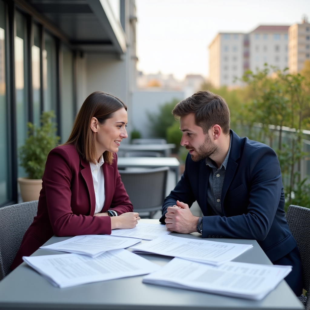 Course facilitators reviewing programme materials on a modern outdoor terrace in Bucharest