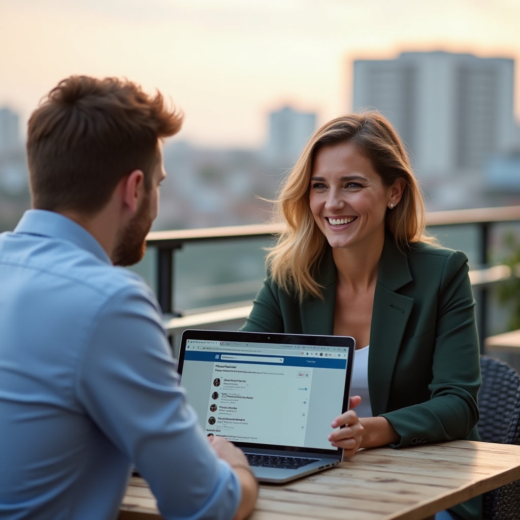 Two professionals having a natural conversation about a LinkedIn recommendation on an outdoor terrace